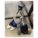 Golf bag cart, Miller Lite Cap, and Golf Shoes