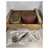 Vintage fishing tackle, wooden box and baskets