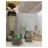 Pitcher, Pewter Dishes, Music Box, Candle Holder