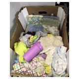 Box of Baby clothes, Blankets, cups