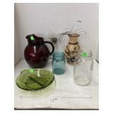 Ball jars, divided plate, pottery vase, & red
