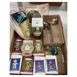 Ornaments, Vntg clock and mirror, Avon Goblets,