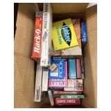 Box of games, card games, crayons, etc