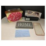 Misc lot, Cigar Box purse, phone case, sign,