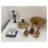 Wooden bowl, pottery, napkin rings, & etc