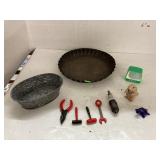 Metal bowls, glass tools & turtle, souvenir