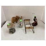 Indian Bead loom, figures, oil dispenser bottle,
