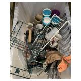 Tote of dishes, kitchen items, misc