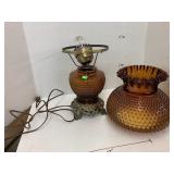 Vntg Lamp and Shade, Amber Glass Hobnail, needs