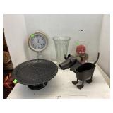 Clock, vases, metal dog pot, & display platter