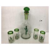Green Cactus decanter and 4 shot glasses