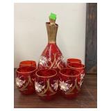 Vntg Barbini Murano ruby red decanter & 6 glasses
