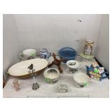 Assorted tea cups, glass Kewpie doll, wood