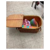 Wicker picnic basket , plates, bowls, cups, &