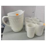 Vntg Anchor Hocking Milk Glass Pitcher and 6
