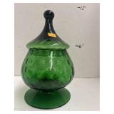 Green Optic Glass  Footed Jar Candy Dish Circus