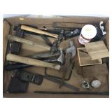 Flat of Misc Tools, Hammers, fishing reel
