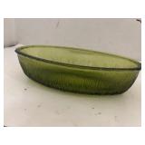 Vintage FTD Green Glass Oval Boat Bowl Dish