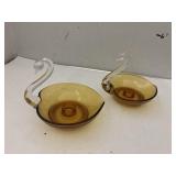 2 cnt Vintage Amber And Clear Art Glass Swan Dish