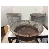 2 Galvanized Buckets & Metal Bowl