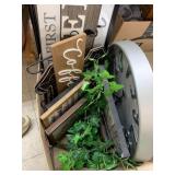Box of clock, signs, misc