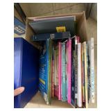 Box of adult coloring books and misc