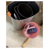 Baseball bat, trash cans, misc