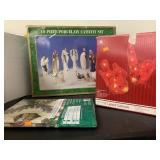 Nativity set, light up birds, table cover