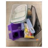 Tote (no lid) of kitchen items and misc
