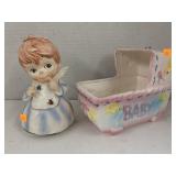 Vntg Musicsl Angel and Baby Cradle a Planter,