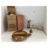 Wine brique & corkscrew, bell, bowl, & sign