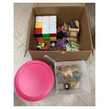 Box of misc toys and Barbie Tin (empty)