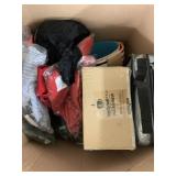 Box of clothes, bowls, table cover, misc - Buyer
