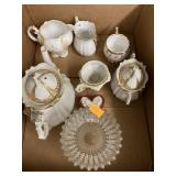 Vntg tea set, sundae glass, trinket box, etc