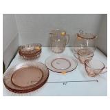 12 Pcs Pink Depression Glass, Pitcher, Cups,