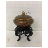 Enameled copper bowl & lid on stand (broken)