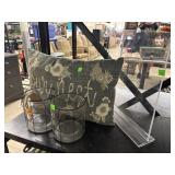 Pillow, Glass Candle Holders, Plexiglass Sign