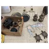 Small cast iron stove, lanterns, metal decor,