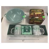 Colander Planter, mugs, Salsa Bowl