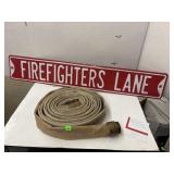 Firefighter Lane Metal Sign & Vtg Fire Hose w/