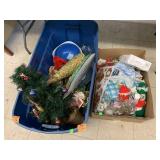 Tote (broken) and box of Christmas decor