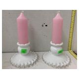 Pr Vntg milk Glass candle Stick Holder Ruffled