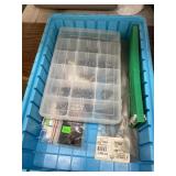 Tub of weights, hooks, & hook holder