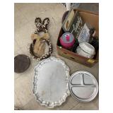 Box of Bird Spiqout?, metal trays, and decor