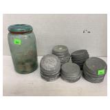 Vntg blue Ball jar, spools, & lids