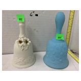 2 Vntg Bells, Fenton Blue and porcelain Christmas