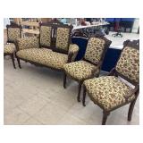 Antique Settee & 3 Chairs - Upholstery Carved