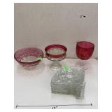 6 glass fan snack plates, painted red items