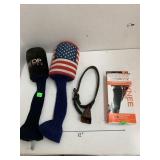 Cowbell, golf club covers, knee brace