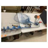 Ice auger, net, kids fishing poles,